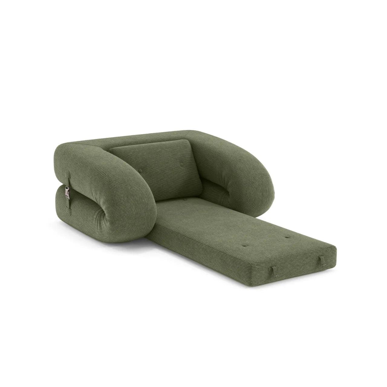 Flippo Sofa Bed in Forest Green – rich deep green corduroy, 120cm wide, stylish and compact, foldable design, perfect for modern interiors